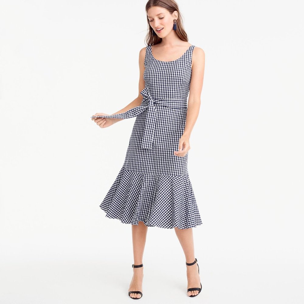 J.Crew Gingham Ruffle Hem Tie Waist Midi Dress